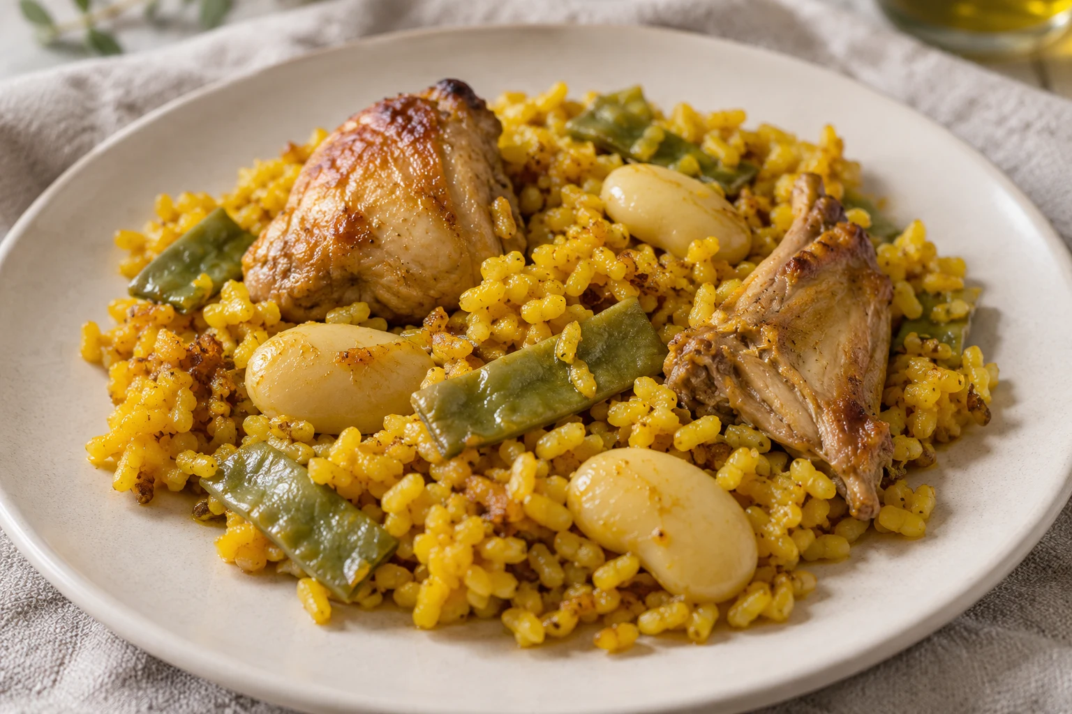A plated portion of paella valenciana with separate yellow rice grains, cooked meat, flat green beans and white beans.