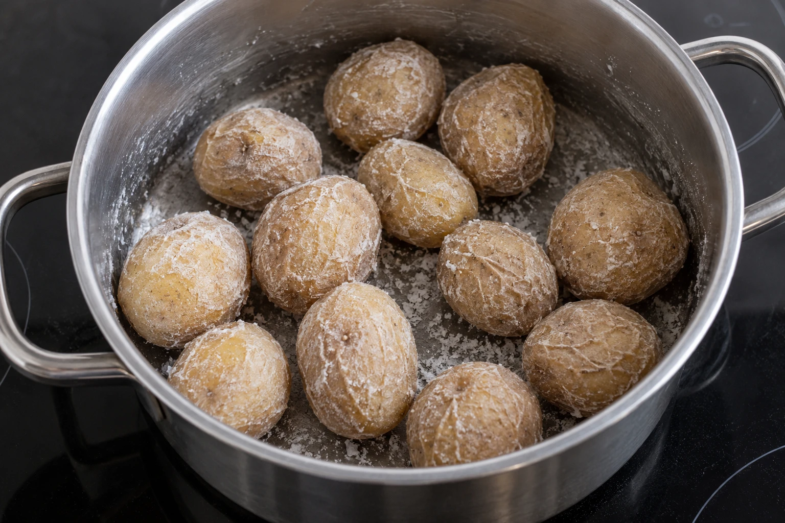 Small cooked potatoes with salt on their wrinkled skins in a dry saucepan