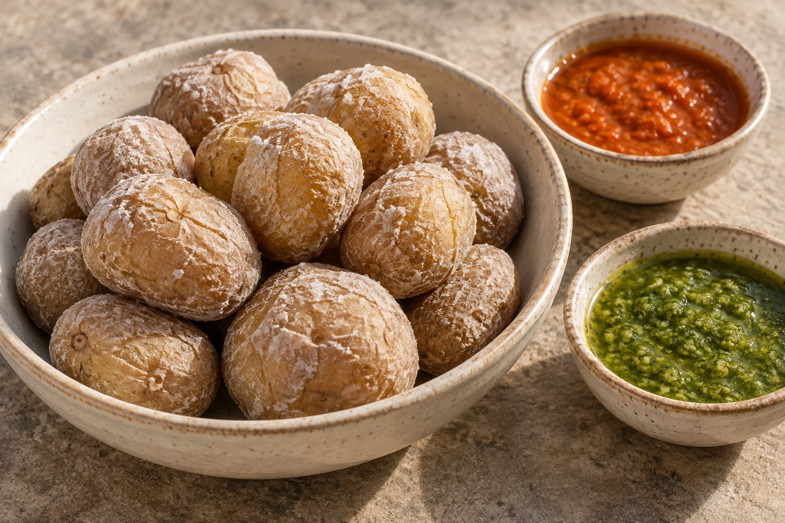 Whole wrinkled salt-coated potatoes in a bowl beside red and green mojo sauces