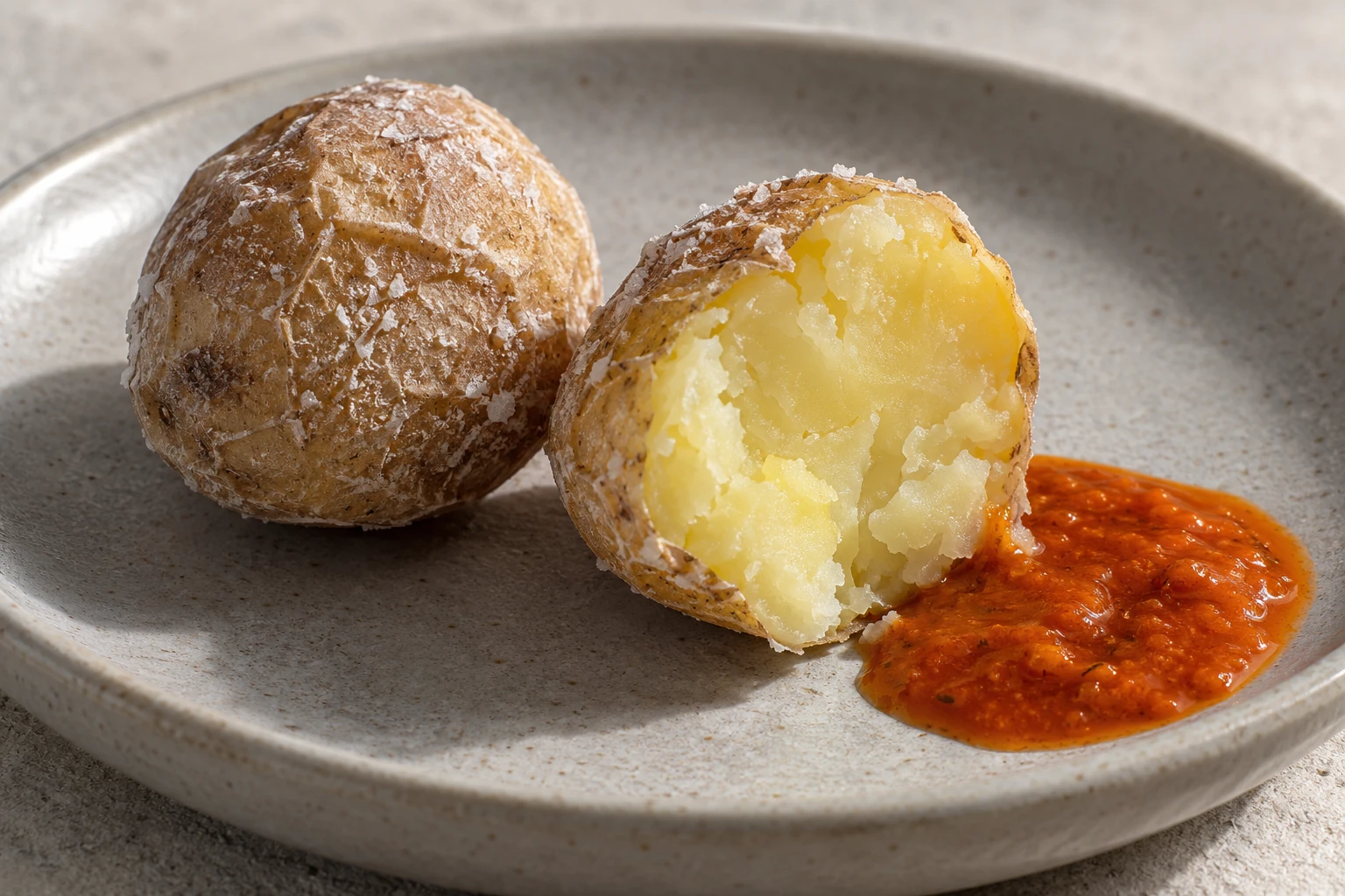 One whole wrinkled potato and a split potato with a yellow cooked centre beside red mojo