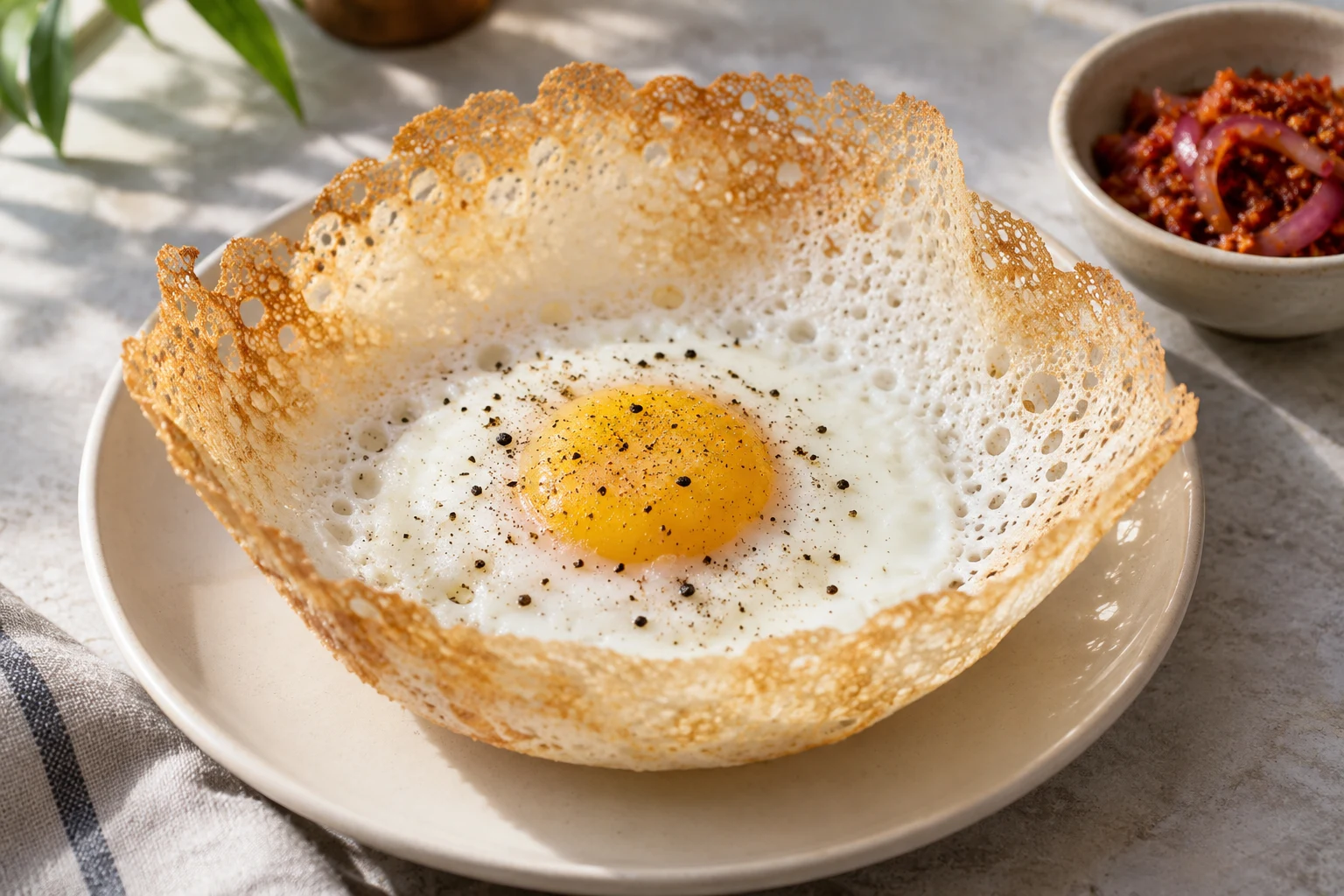 A bowl-shaped egg hopper with an opaque set egg white, yellow yolk, pepper and a lacy golden rim.