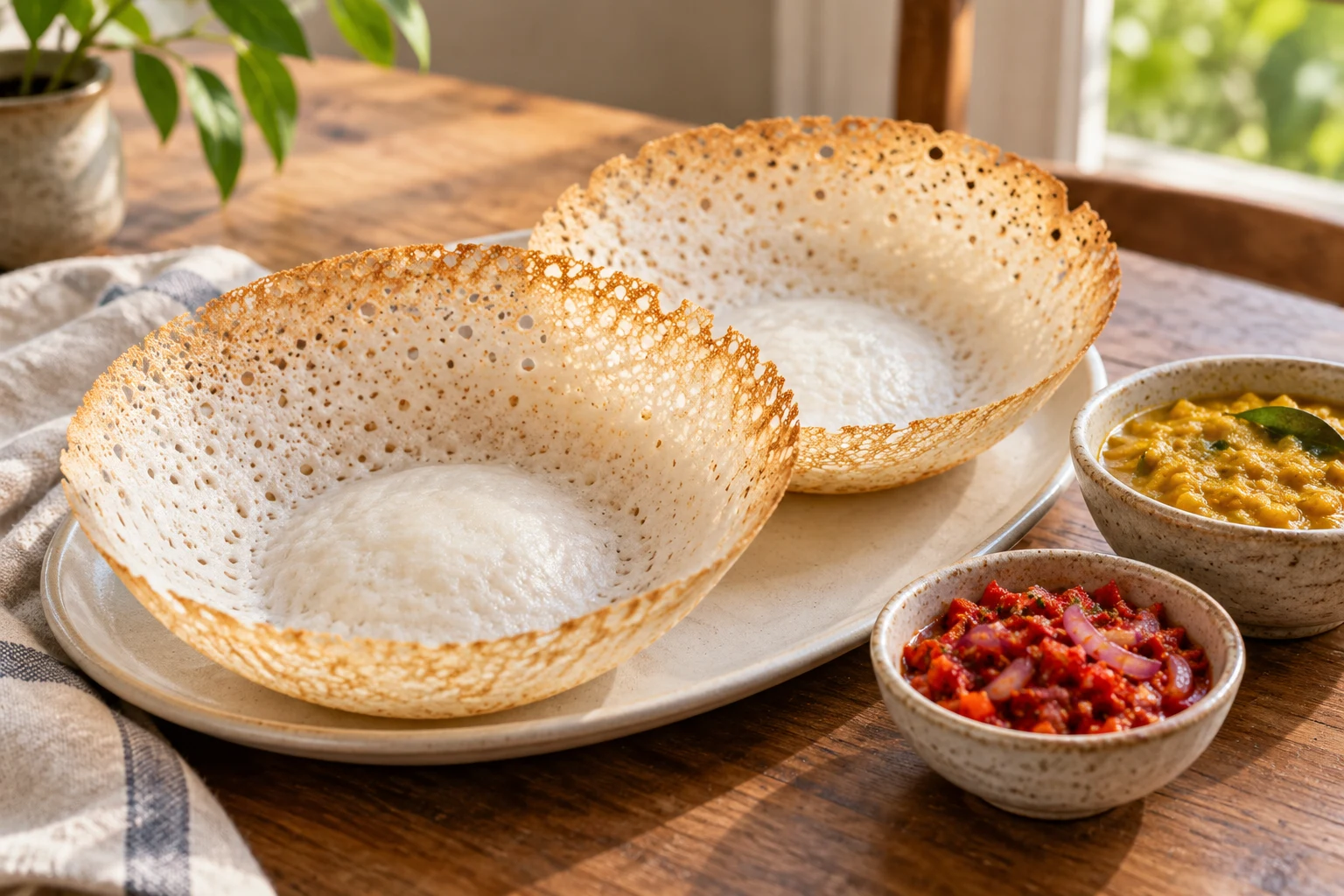 Two bowl-shaped plain hoppers with lacy golden rims and soft white centers beside dhal curry and chili-onion sambol.