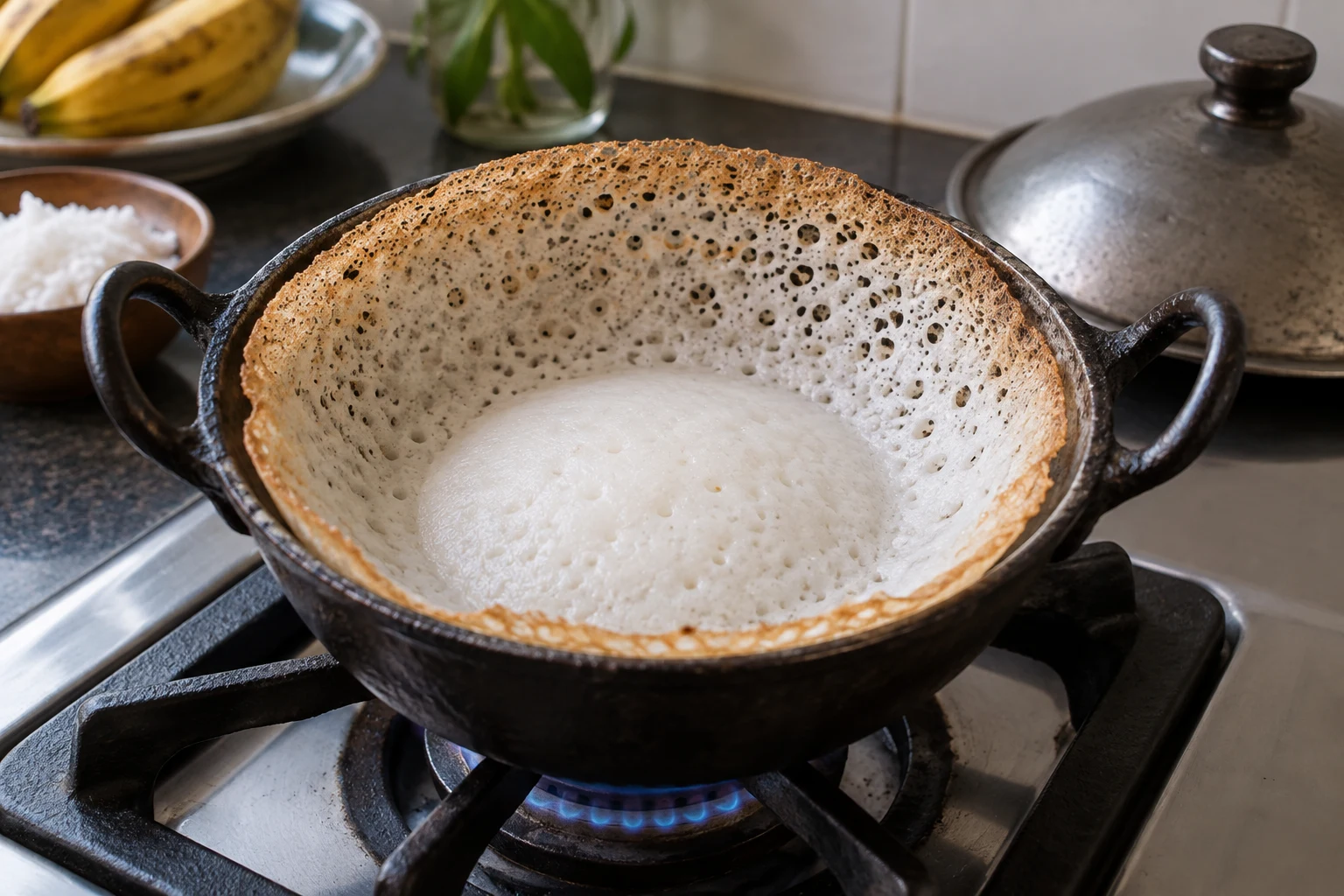 A cooked plain hopper inside a rounded hopper pan, showing its white center and thin crisp sides.