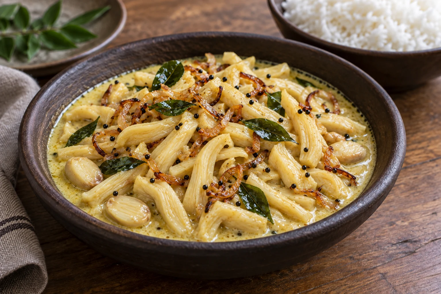 Curved pale jackfruit bulb strips and seed halves in coconut curry topped with fried onions and curry leaves