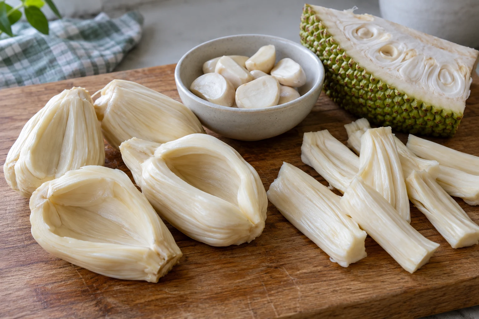 Pale unripe jackfruit bulbs separated into strips beside a small bowl of peeled seed halves