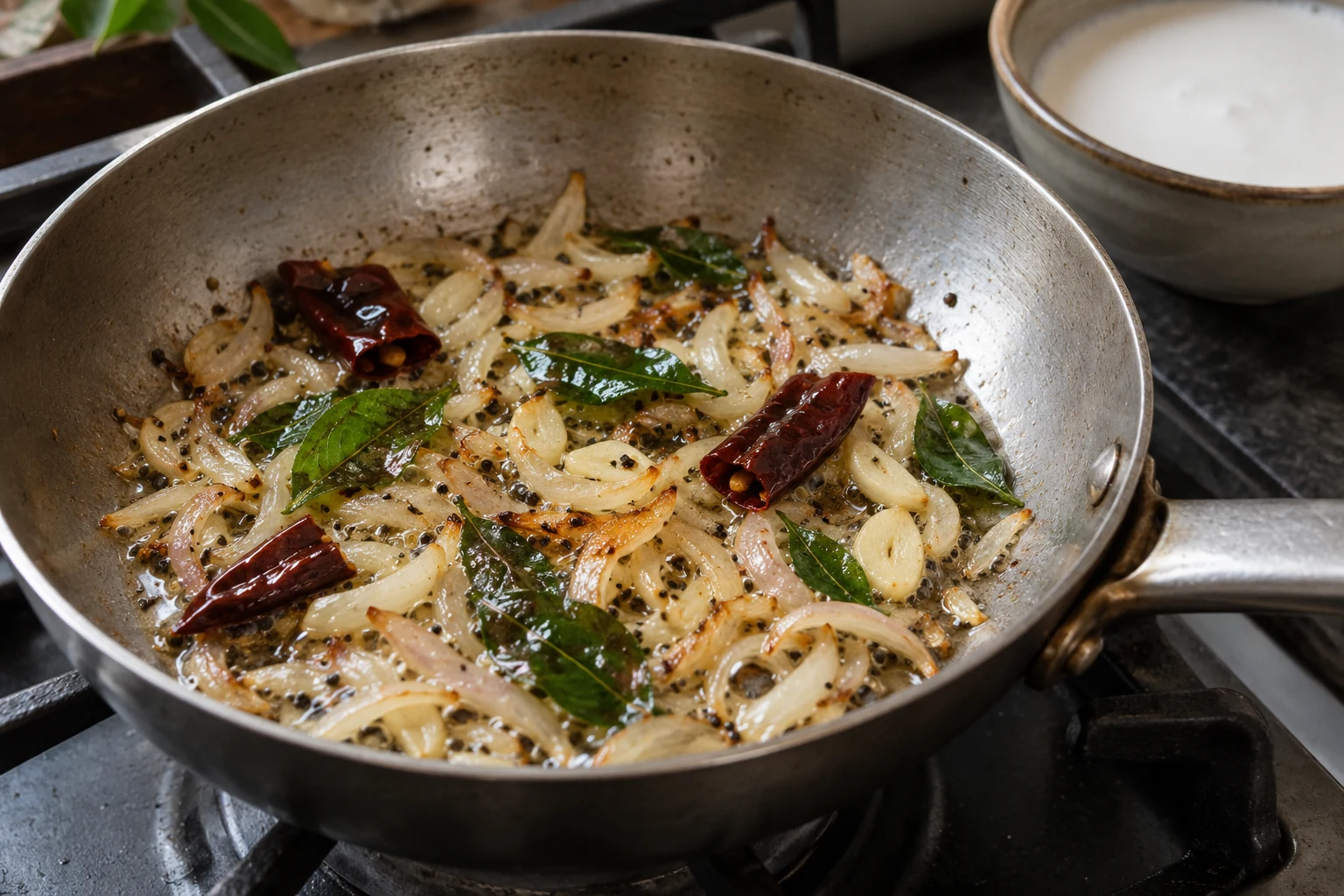 Onion, garlic, mustard seeds, curry leaves and dried red chilli frying in a small metal pan