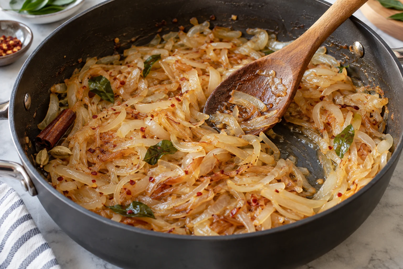 Pale golden sliced onions softening in a wide pan with curry leaves and whole spices