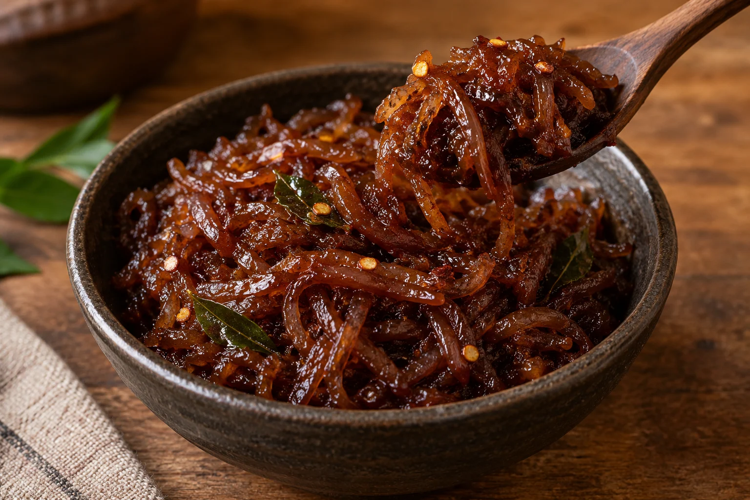 Dark glossy cooked onion strands and sparse chili flakes in a small condiment bowl