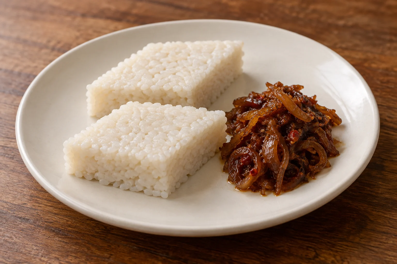 Two white coconut-milk rice pieces beside a small portion of dark onion sambol
