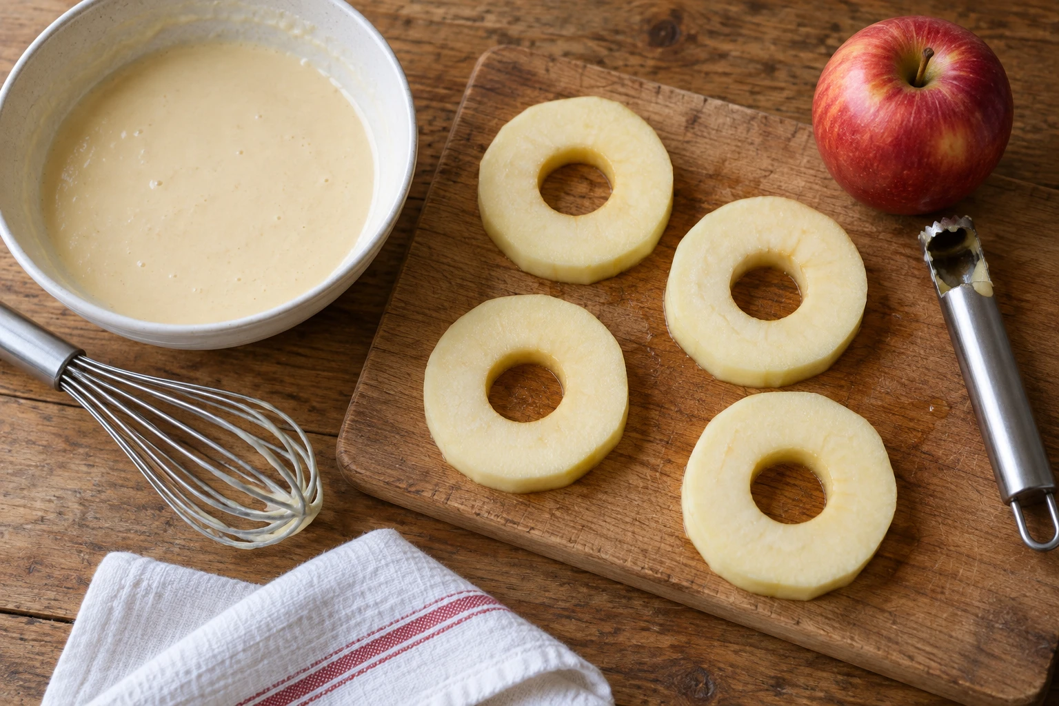 Peeled and cored raw apple rings beside a bowl of batter and an apple corer.