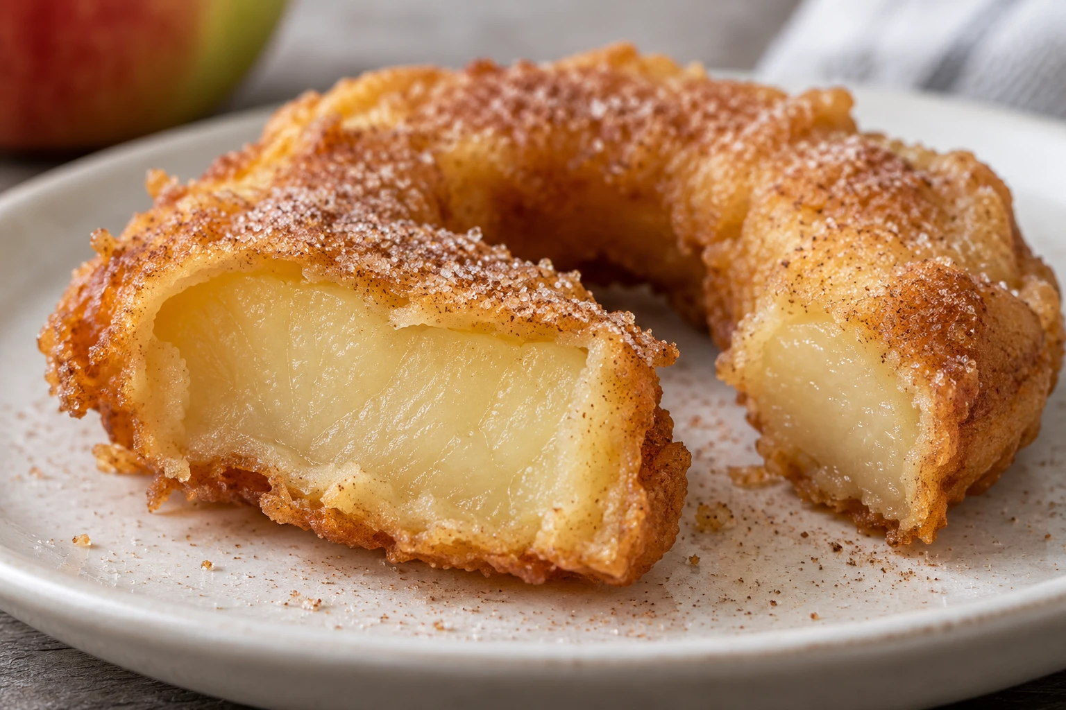 A cut apple-ring fritter showing cooked fruit inside a crisp golden shell.