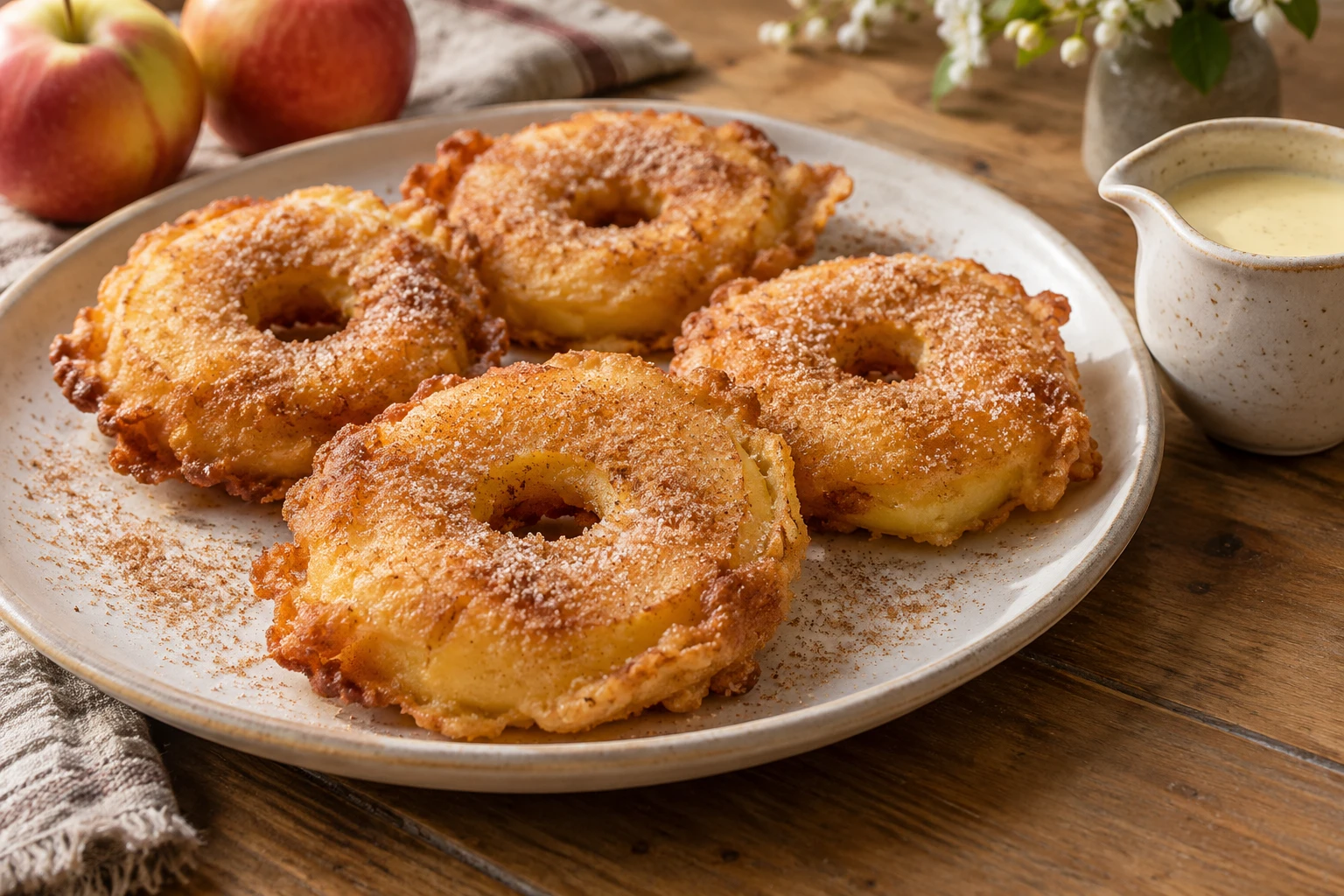 Golden battered apple rings with cinnamon sugar and a jug of vanilla sauce.