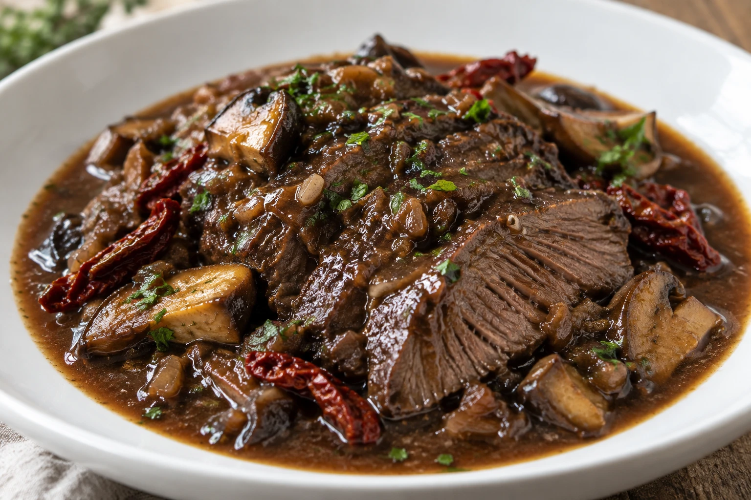 Sliced braised beef with mushrooms and dried tomato pieces in a dark sauce