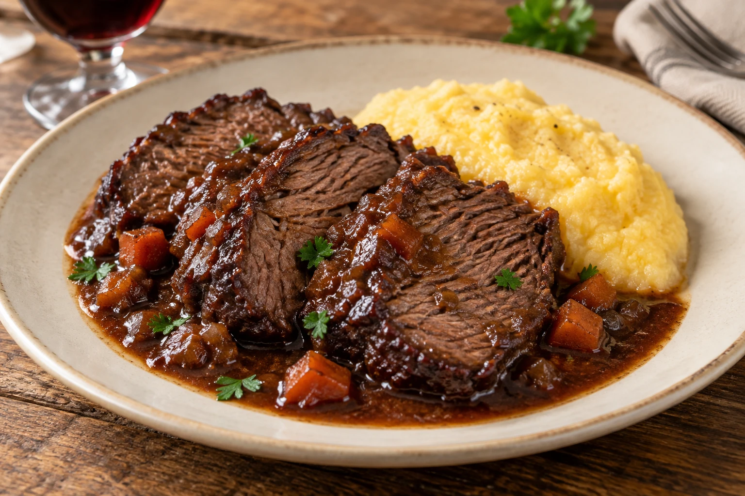 Sliced cooked beef roast with dark wine sauce and soft yellow polenta