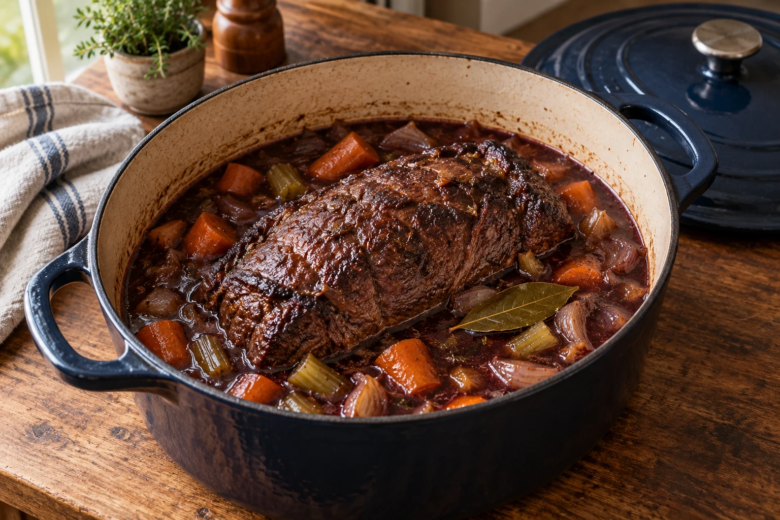 A whole browned cooked beef roast in a casserole with dark liquid and softened vegetables
