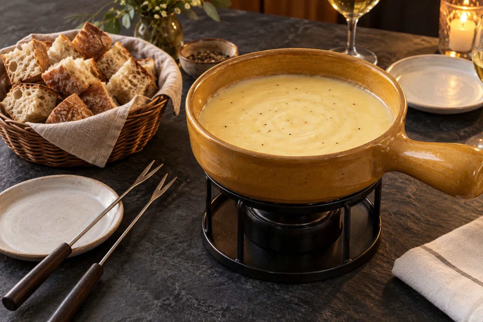 Ochre fondue pot filled with creamy cheese beside bread cubes and two place settings