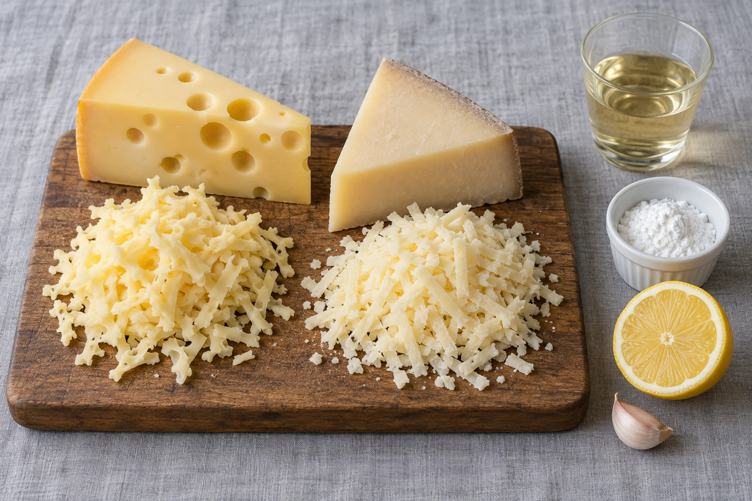 Two cheese wedges and separate grated piles with white wine, corn starch, lemon and garlic
