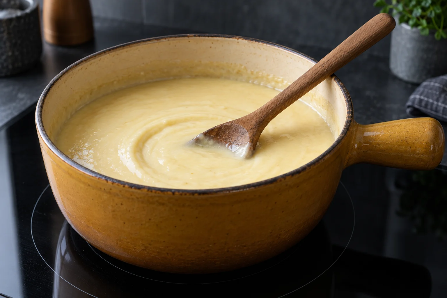 Wooden spoon resting in smooth cheese fondue in an ochre pot on a glass cooktop