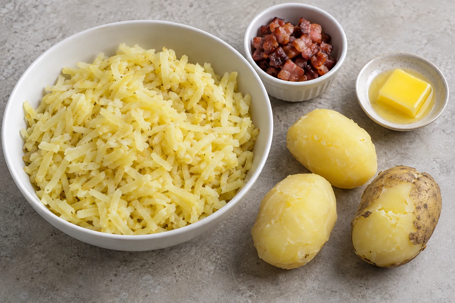 Bowl of coarse grated cooked potatoes beside peeled jacket potatoes and separate browned bacon dice
