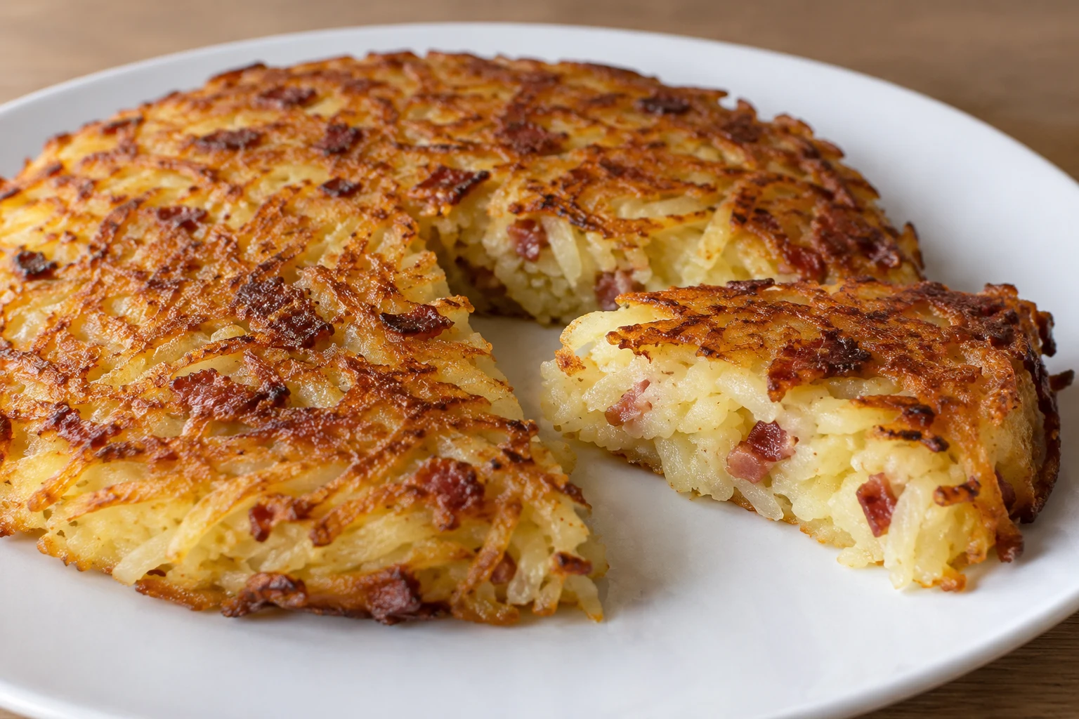 A cut wedge of bacon rösti showing pale potato strands beneath a crisp browned surface