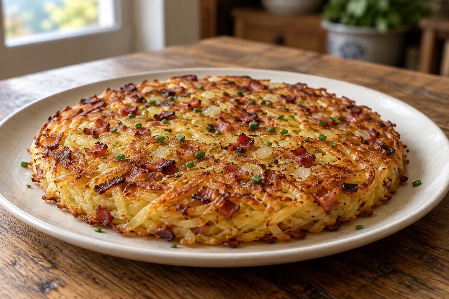 Flat golden-brown Swiss rösti cake with coarse potato strands and small cooked bacon pieces