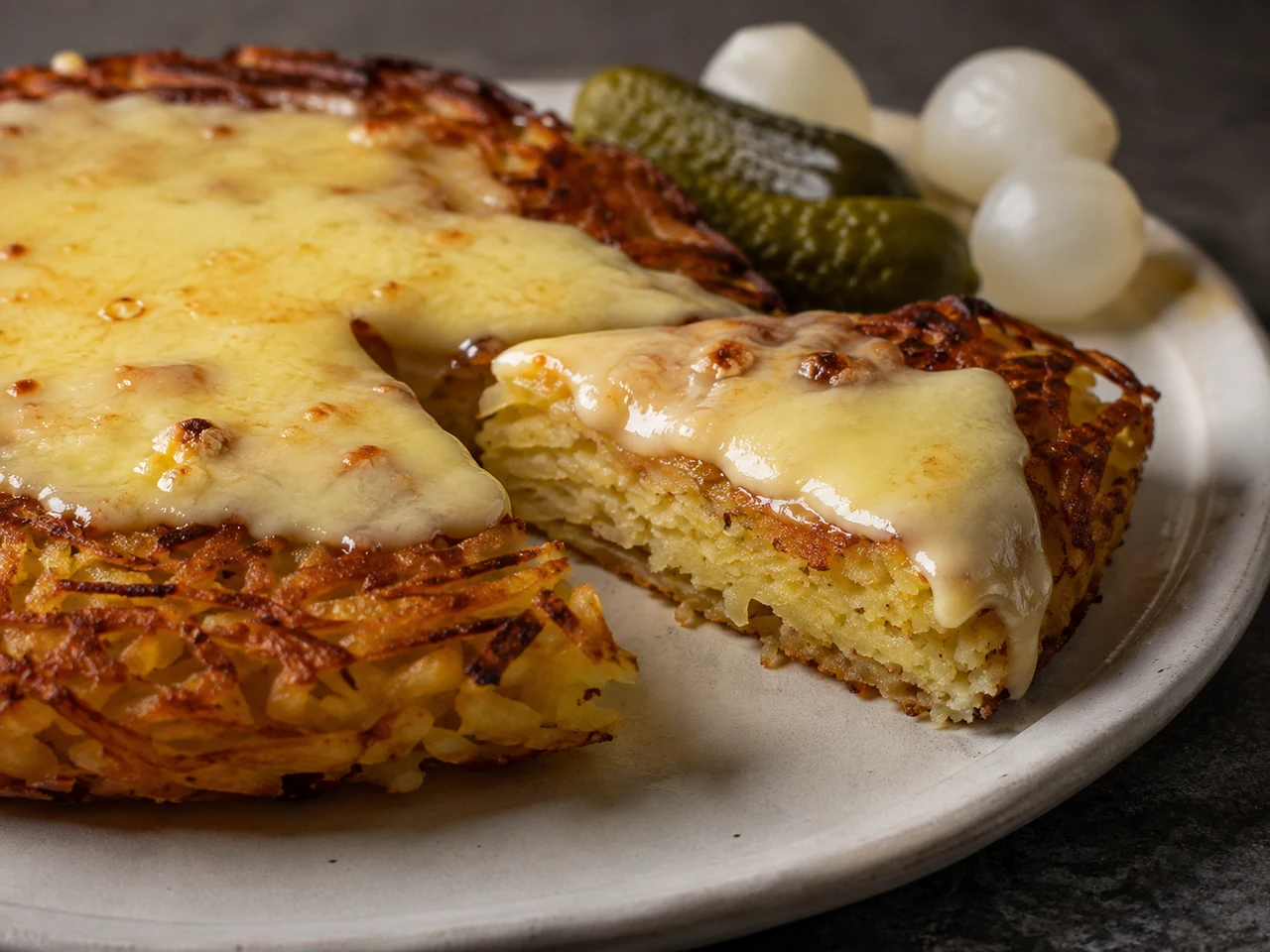 A cut wedge showing crisp rösti strands under melted raclette cheese