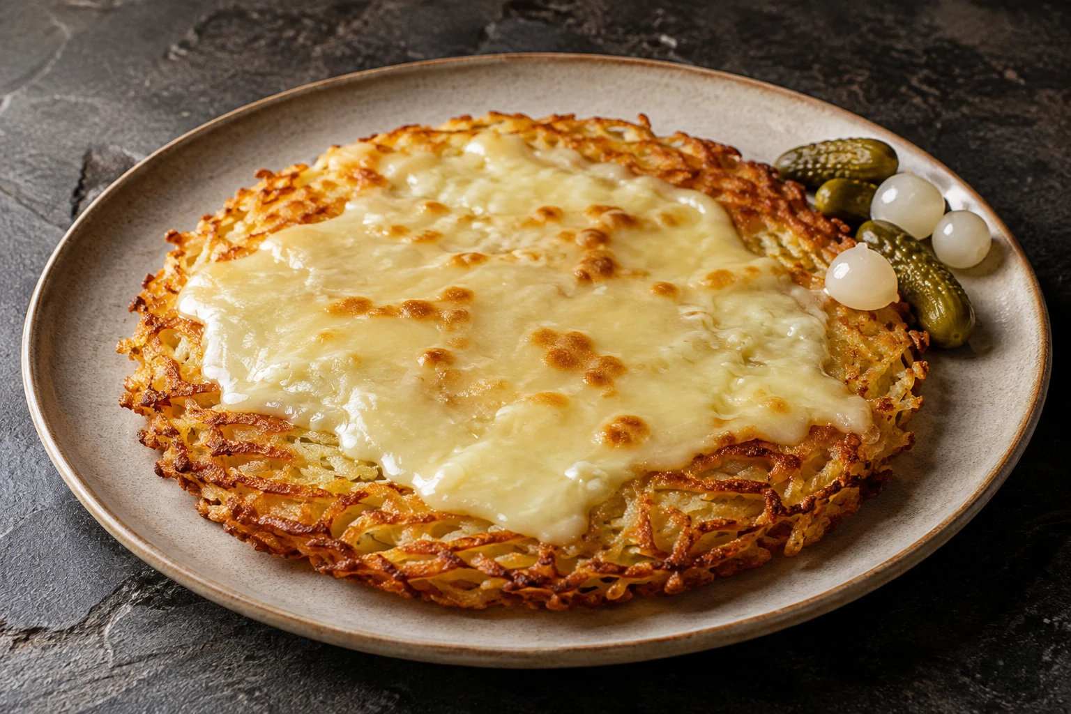 A large golden rösti topped with melted raclette cheese, cornichons, and pickled onions