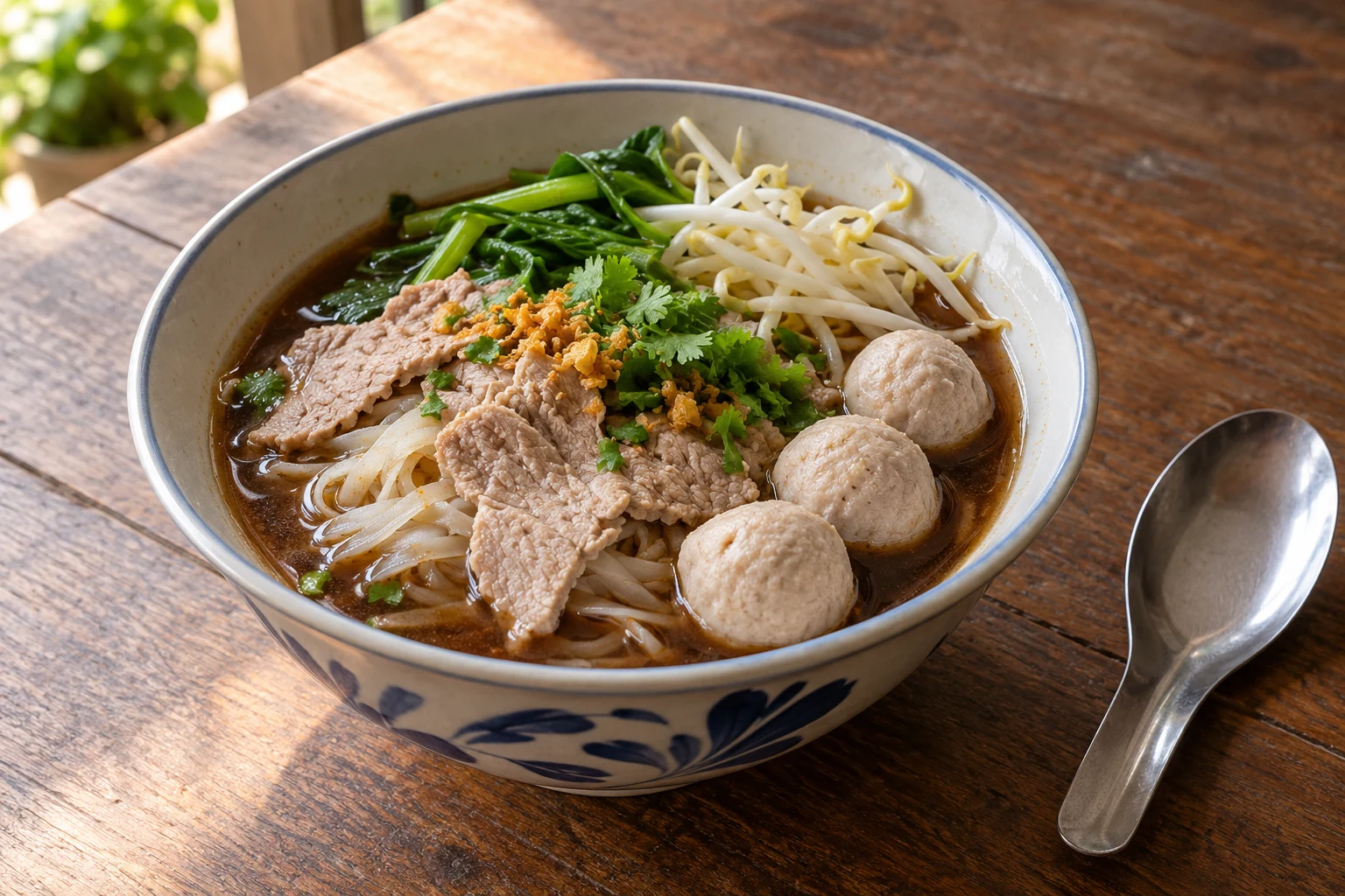 A bowl of dark brown Thai boat-noodle broth with cooked pork slices, pork balls, rice noodles, greens, and fried garlic.