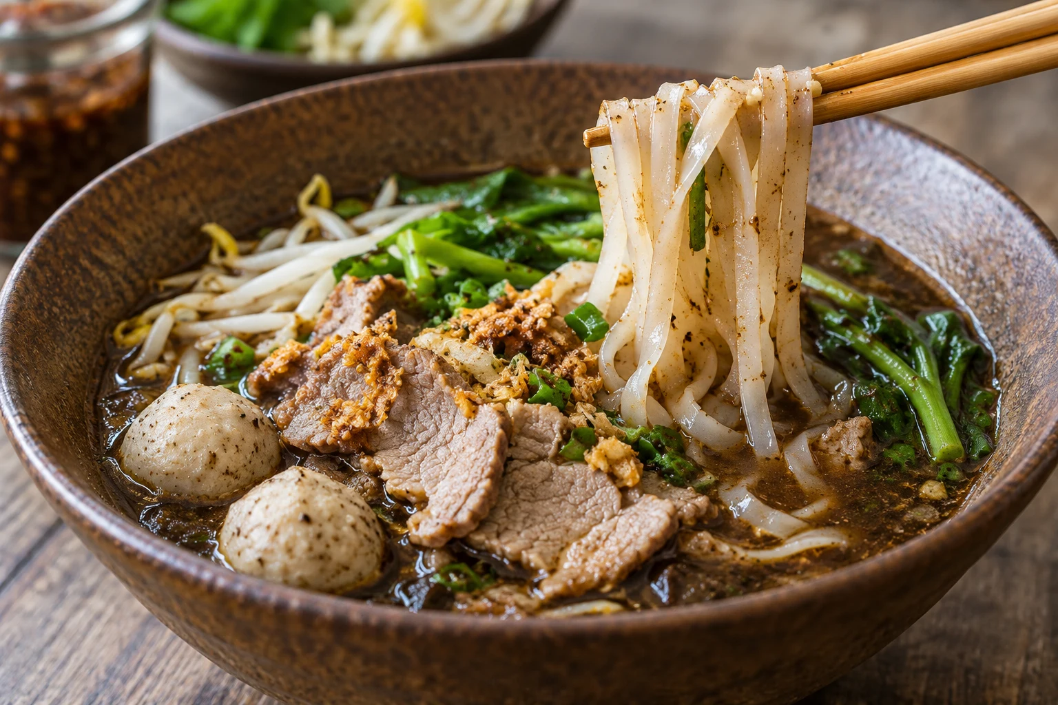 Bamboo chopsticks lift flat rice noodles from pork boat-noodle soup.