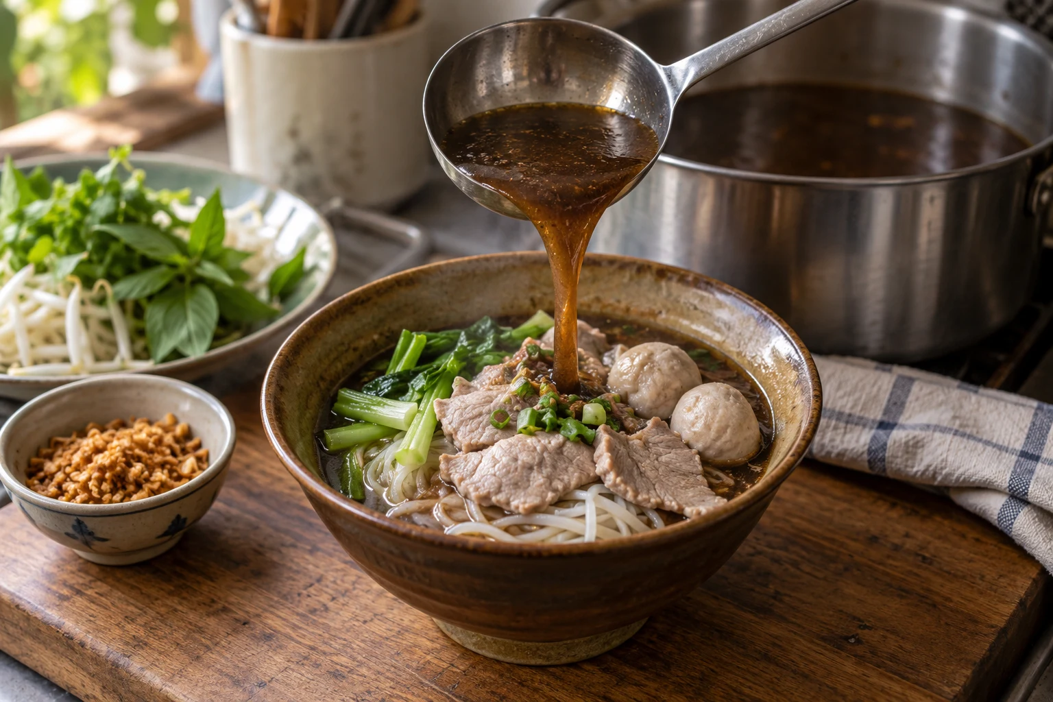 A ladle pours brown broth over already cooked pork, meatballs, noodles, and greens.