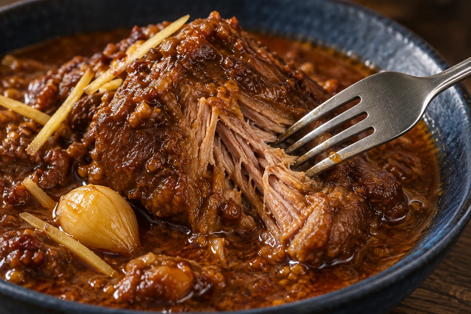 Fork parting the fibres of cooked braised pork in brown curry sauce with garlic and ginger