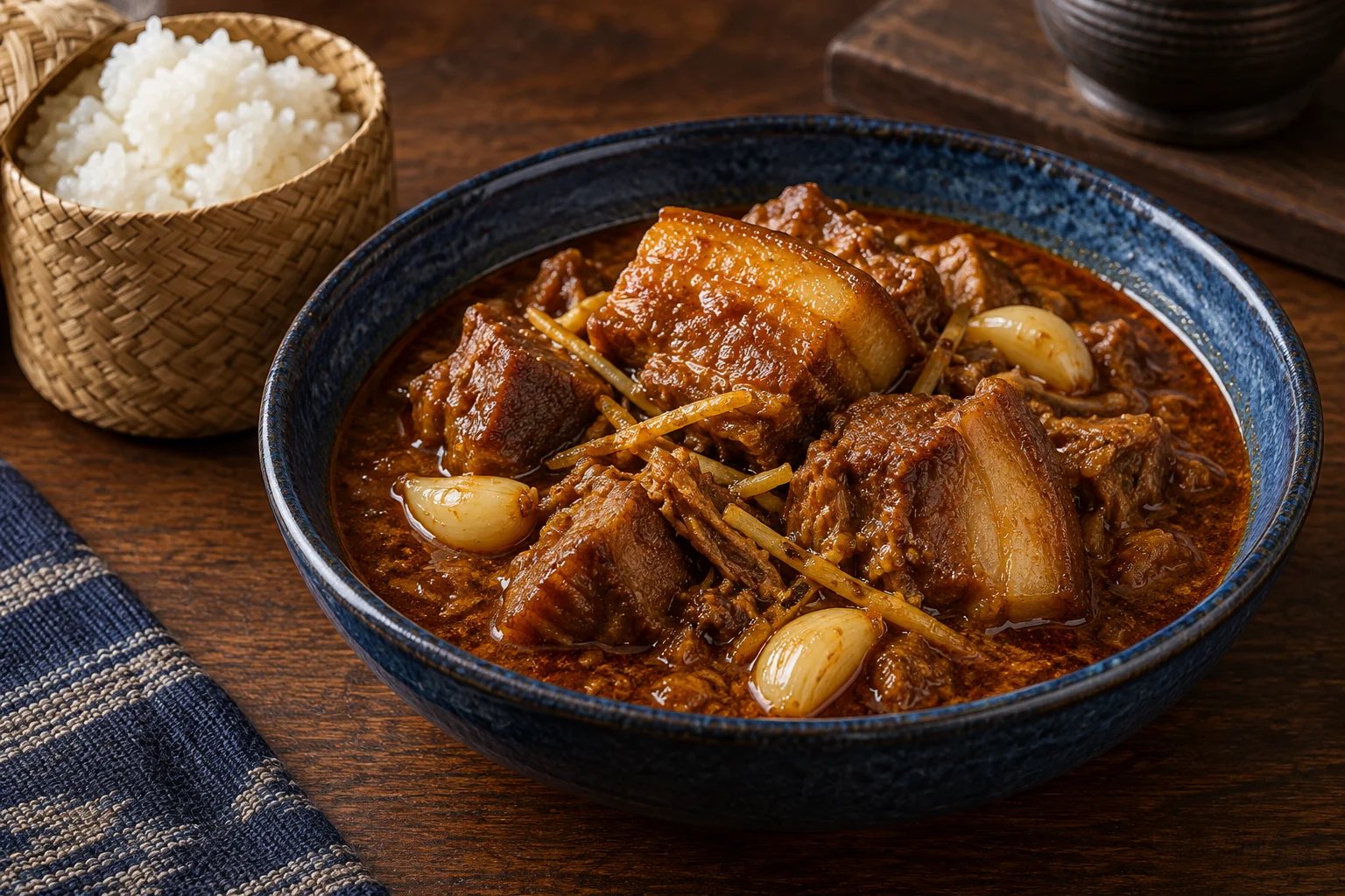 Brown pork curry with whole garlic and ginger in a blue bowl beside sticky rice