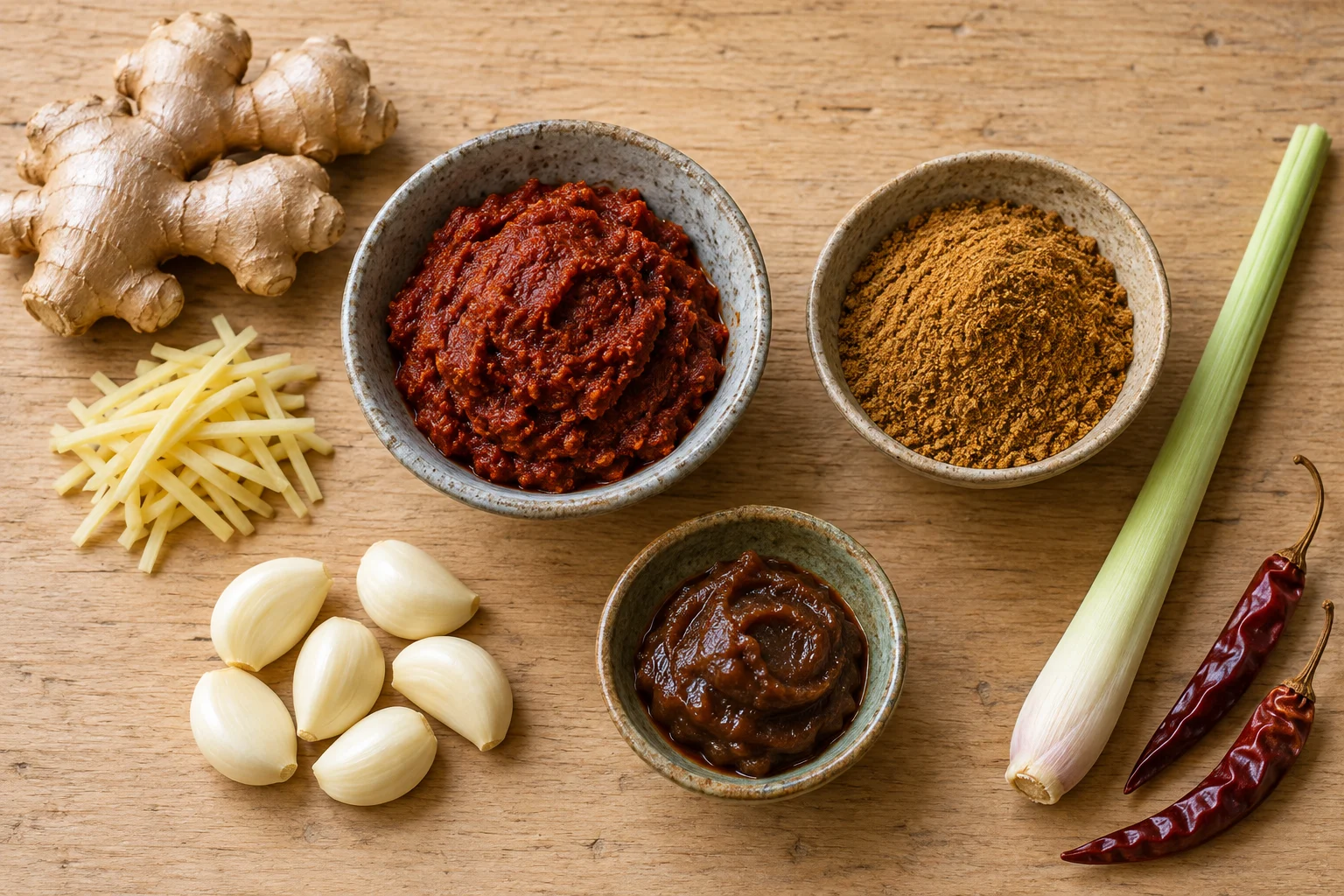 Separate bowls of wet red curry paste and dry spice powder with ginger, garlic and tamarind