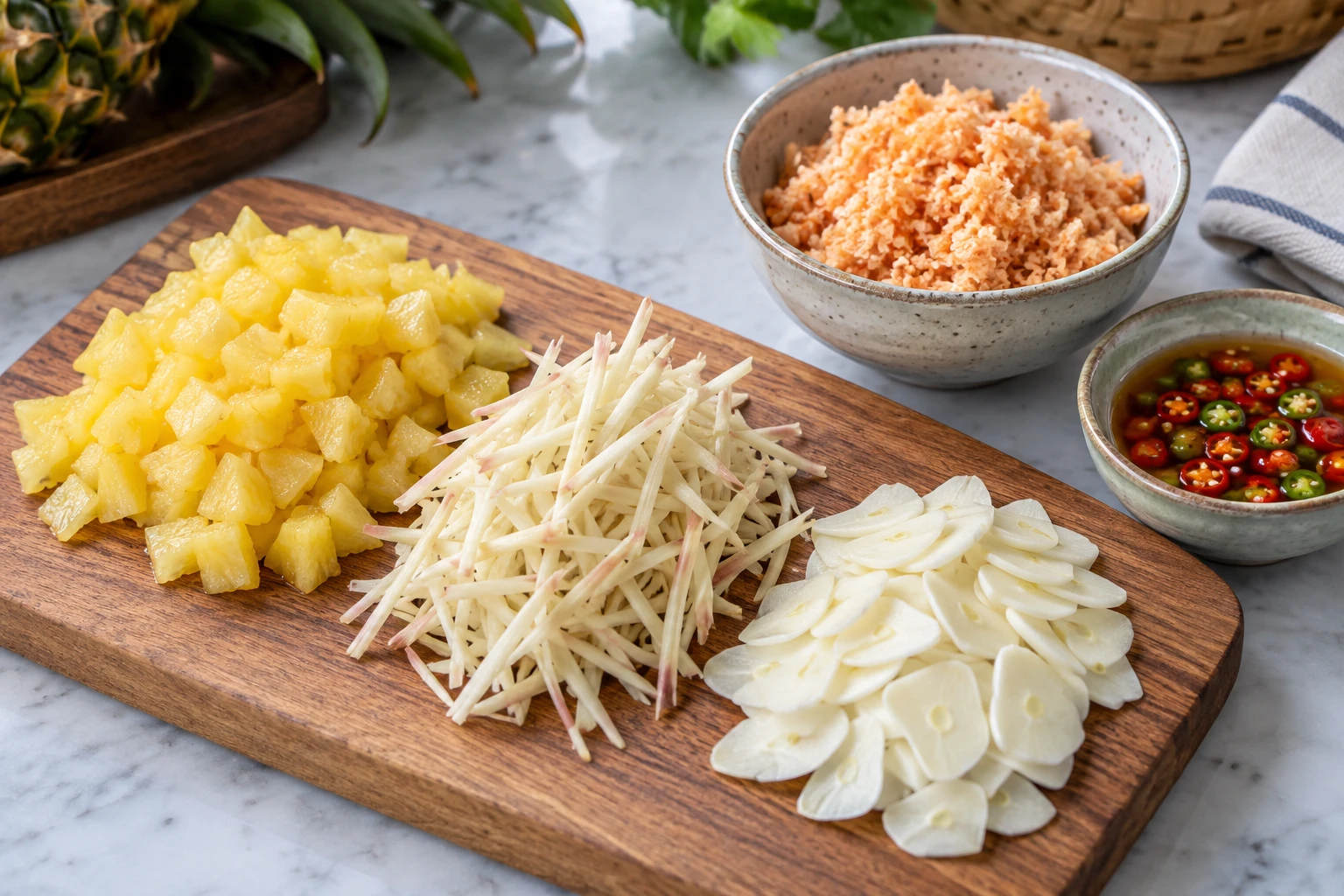 Separate piles of chopped pineapple, ginger matchsticks and thin garlic slices beside ground dried shrimp and chili fish sauce.