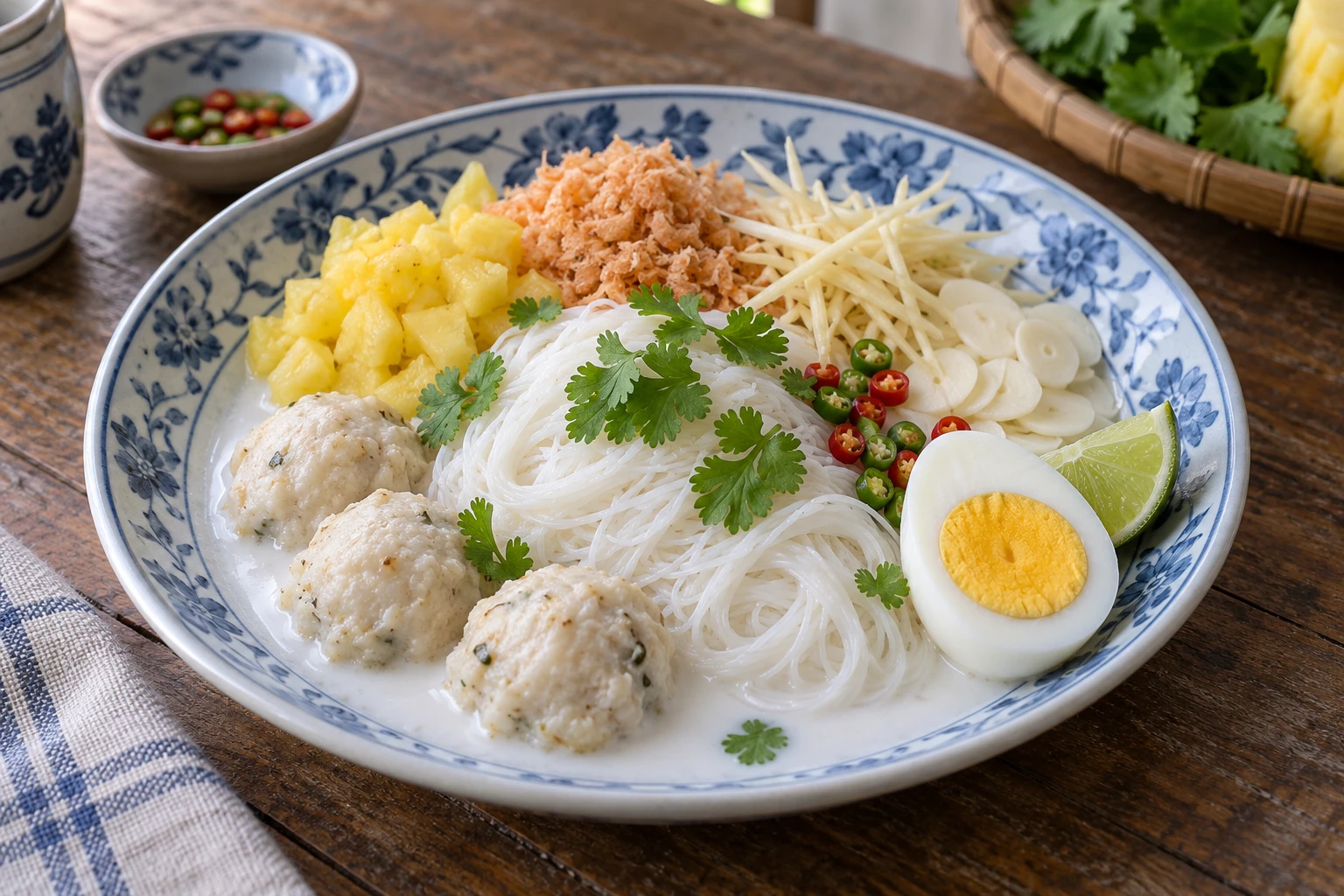 Thin white rice noodles with coconut milk, fish dumplings, pineapple, ground dried shrimp, ginger, garlic, chilies, a boiled egg half and lime.