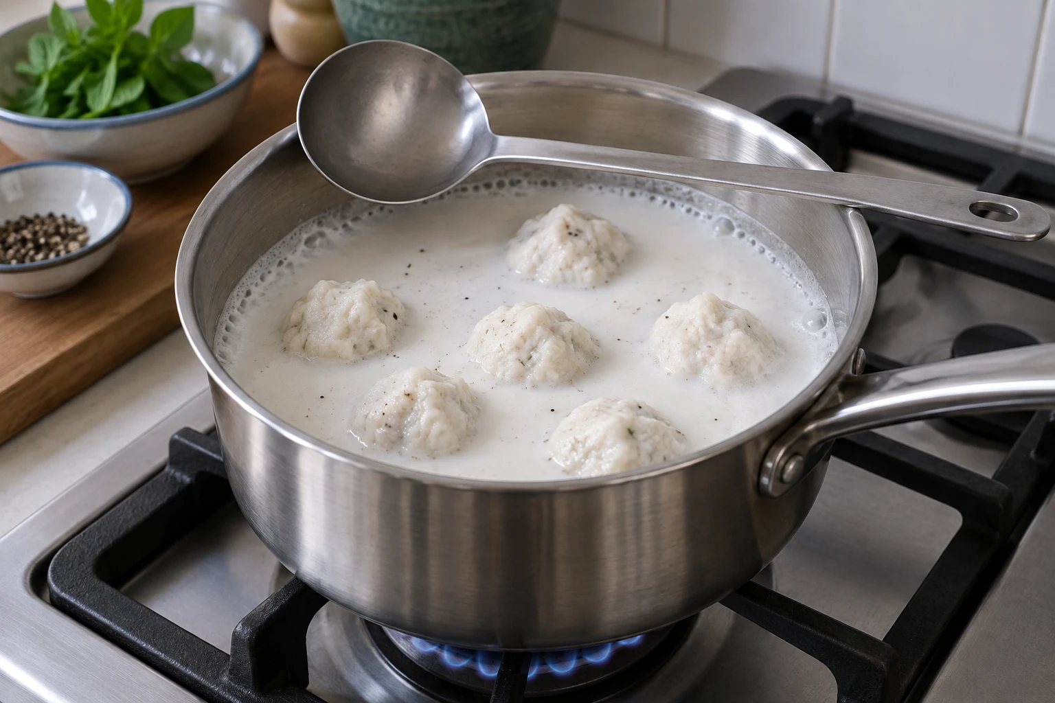 Small opaque fish dumplings cooking gently in smooth white coconut milk in a saucepan.