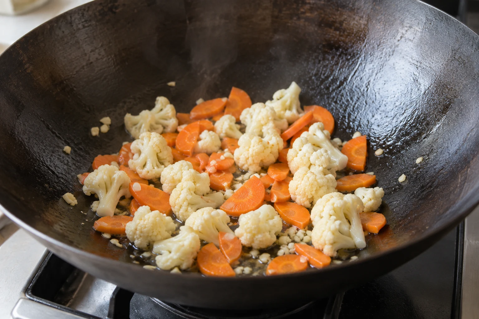 Small cauliflower florets and thin carrot half-moons cooking with chopped garlic in a dark wok