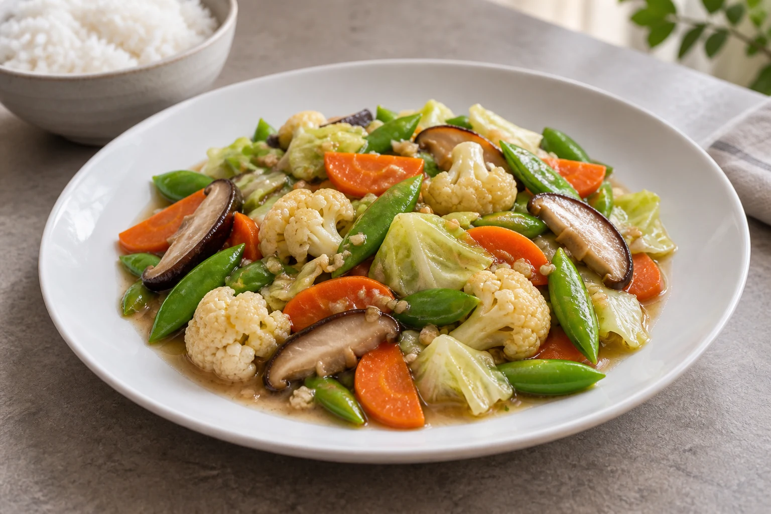 Carrot, cauliflower, cabbage, shiitake and snap peas in a glossy light brown sauce, with rice alongside