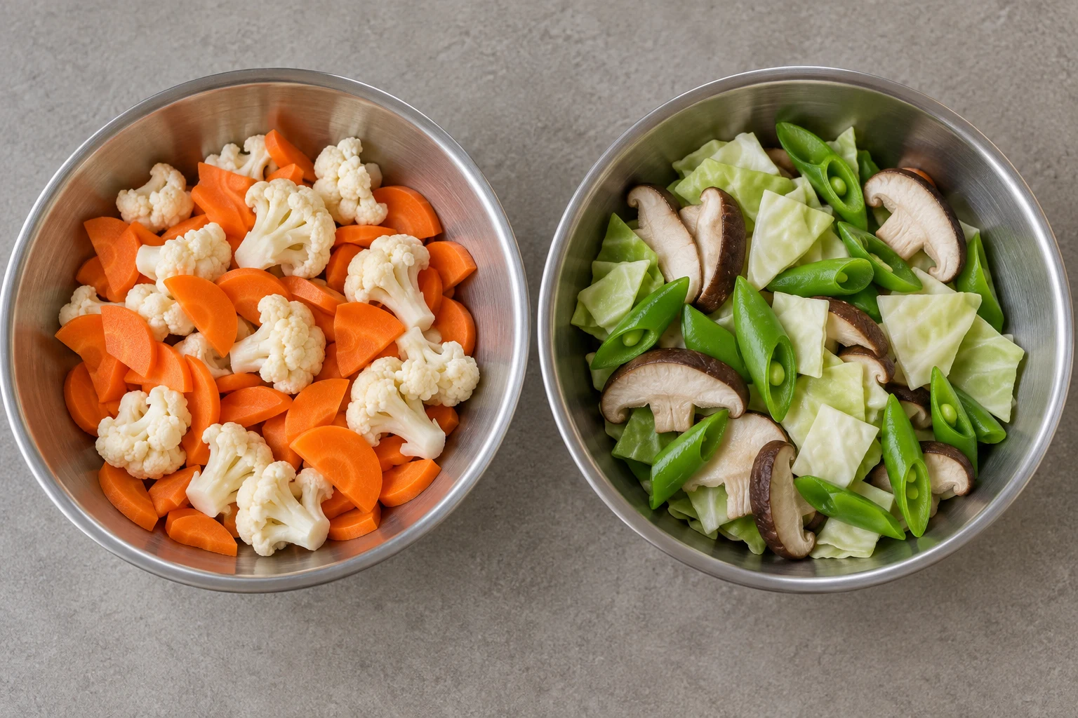 Two prep bowls: carrot and cauliflower on the left; cabbage, sliced shiitake and diagonally cut snap peas on the right