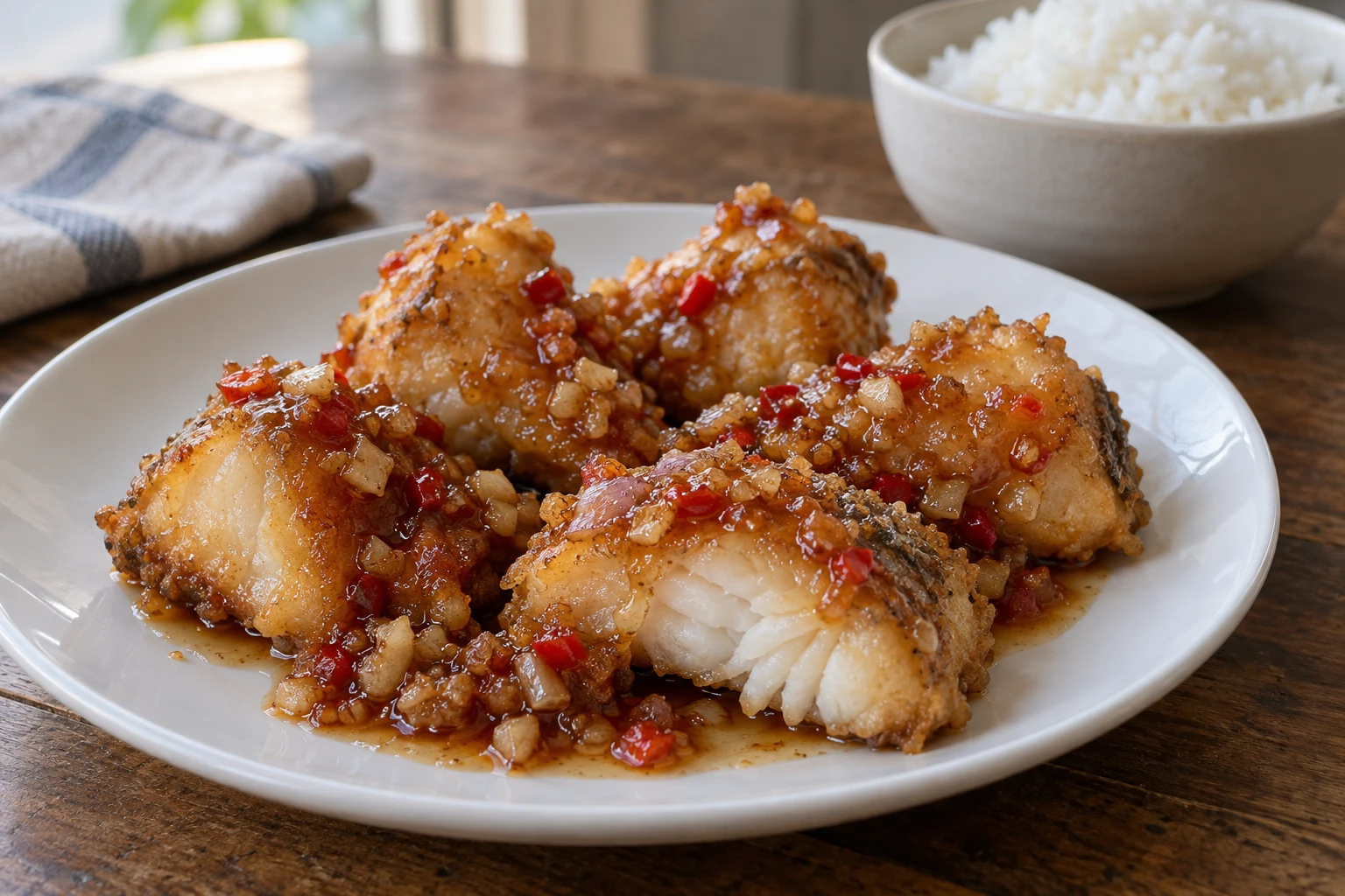 Crisp cooked white-fish pieces with amber tamarind sauce, chopped aromatics and chili, beside steamed rice.