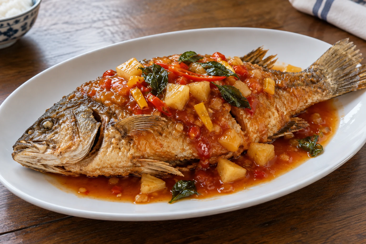 One golden whole fried fish with pineapple pieces, red and yellow chili, glossy sauce and a few fried leaves.