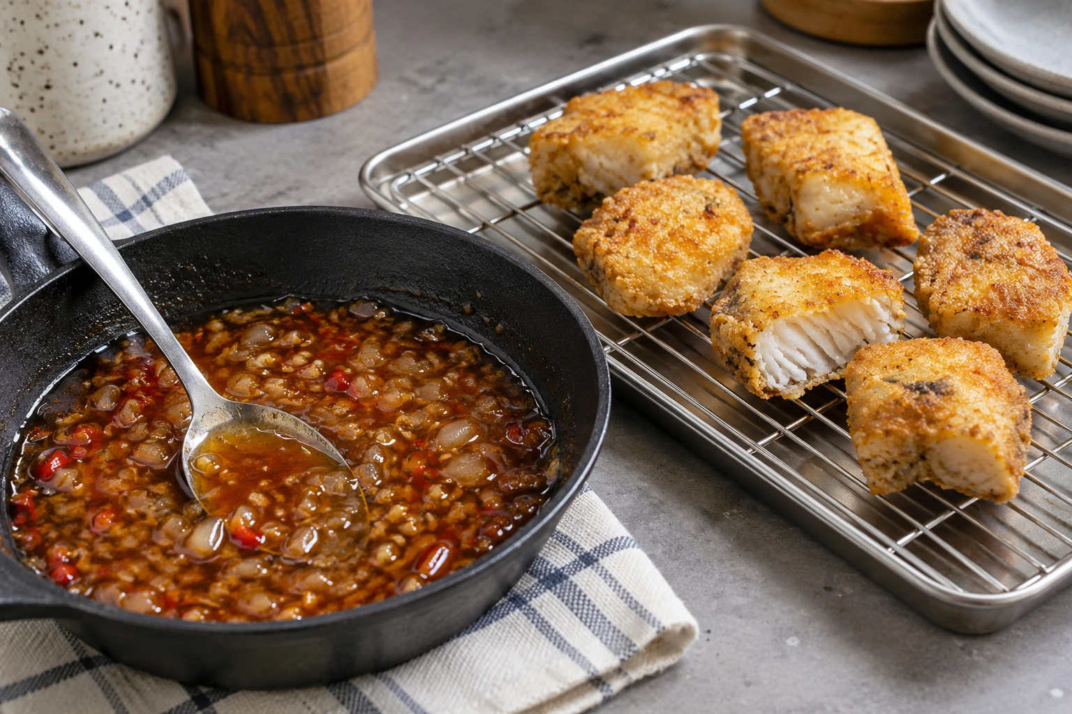 Cooked golden fish pieces on a draining rack beside a pan of amber sauce with cooked garlic, shallot and red chili.
