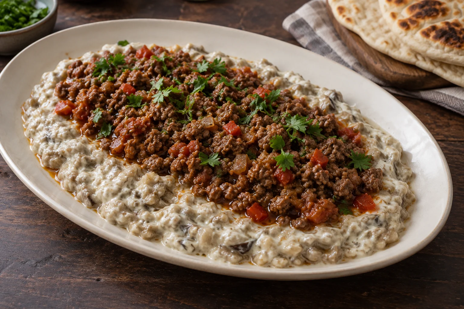 Browned ground lamb over a visible pale eggplant and yogurt base, with flatbread alongside