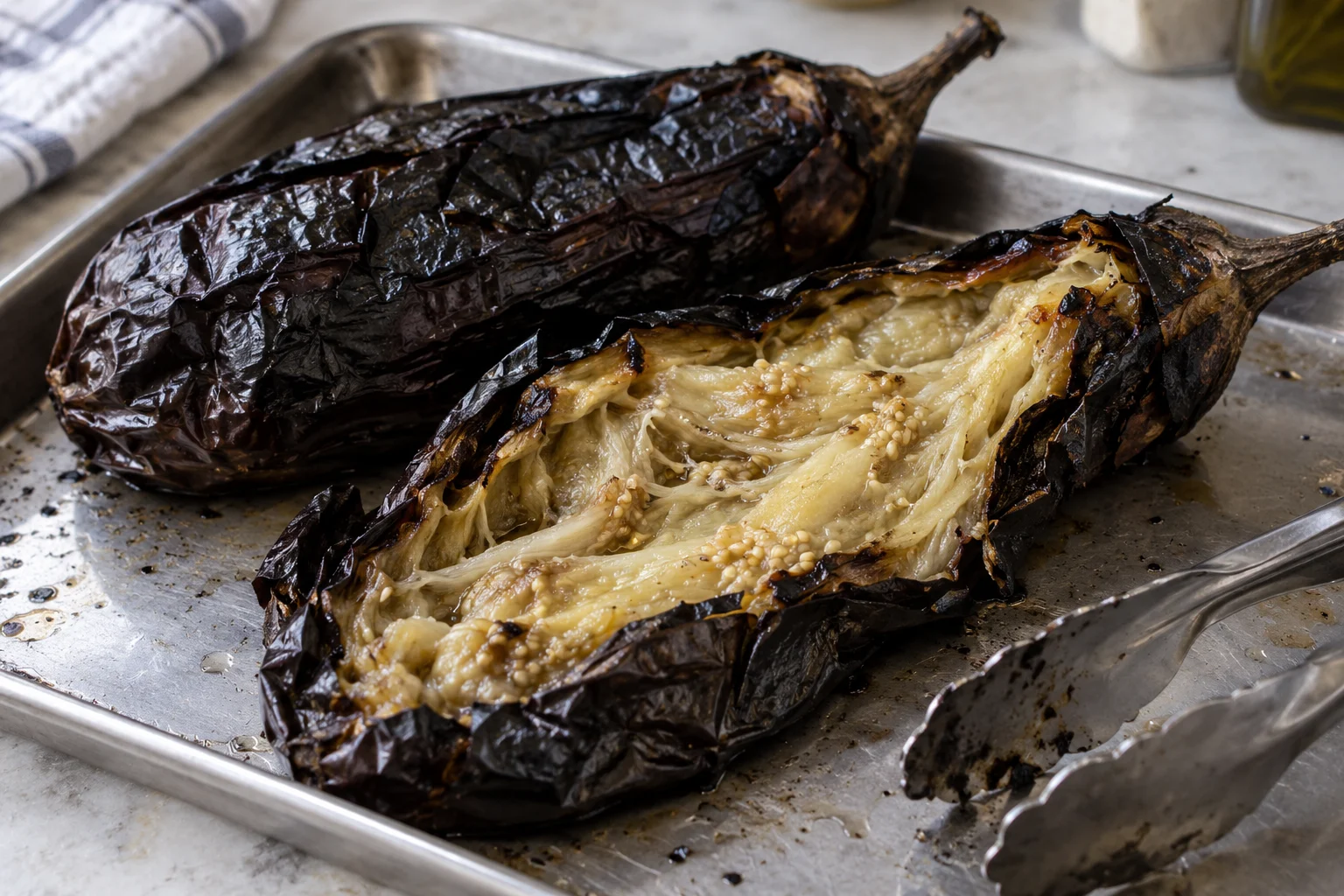 Collapsed blackened eggplants, one split open to reveal completely softened flesh
