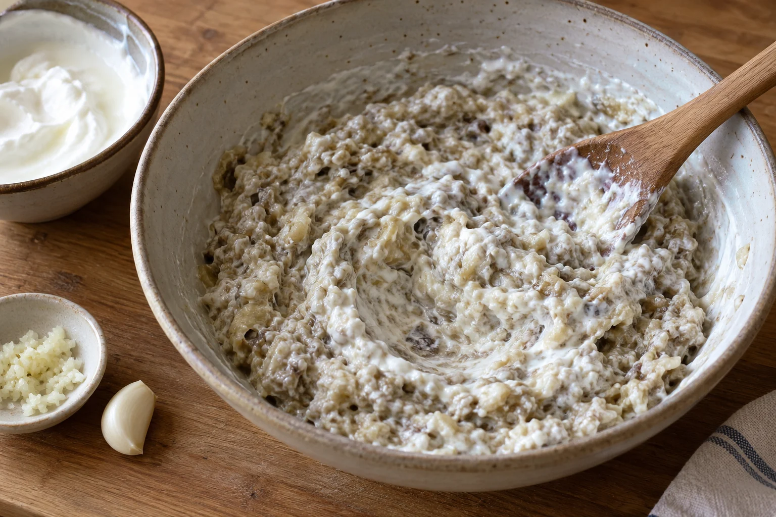 A wooden spoon folding finely chopped cooked eggplant into thick yogurt