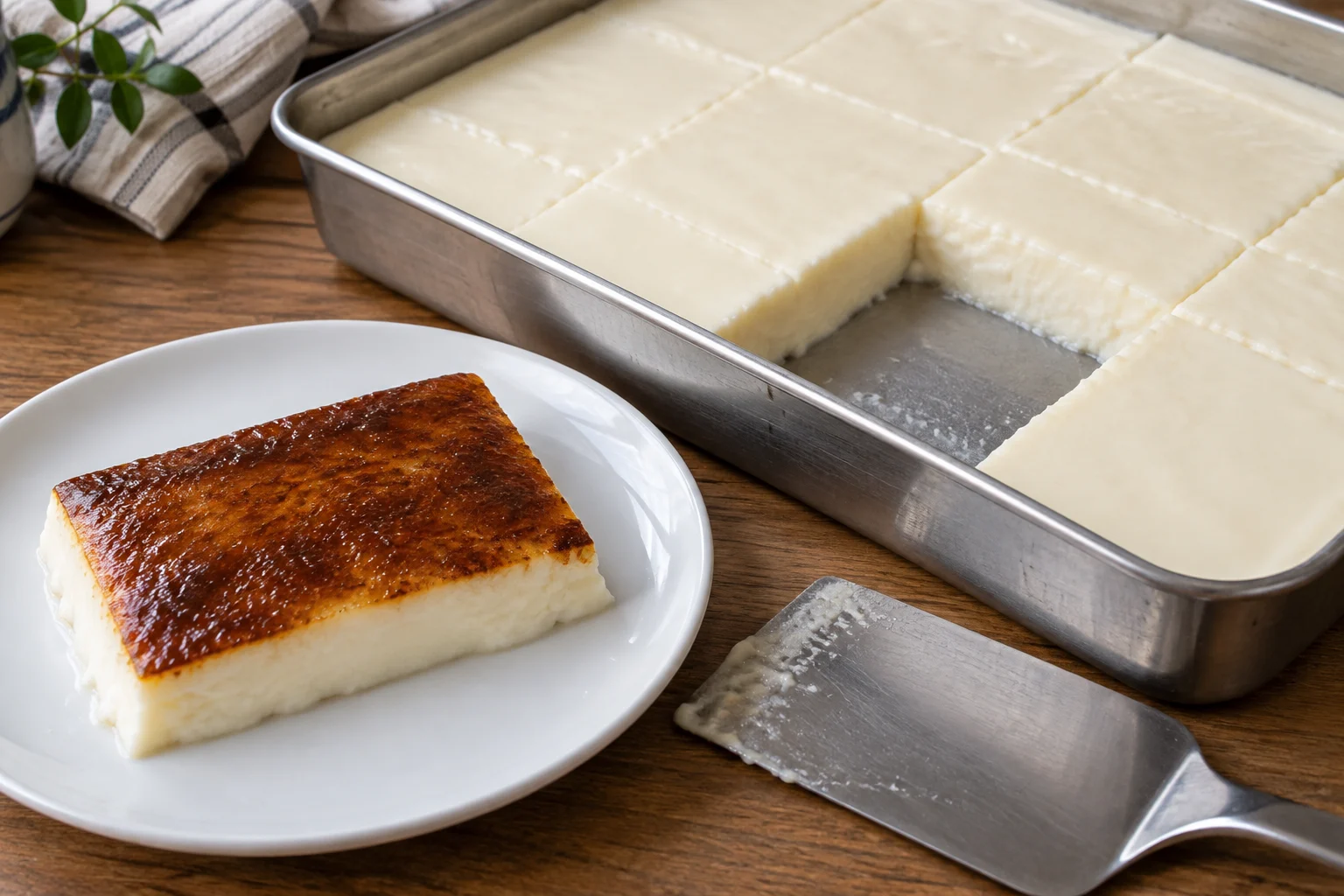 A chilled pudding rectangle inverted beside a tray, showing its brown underside