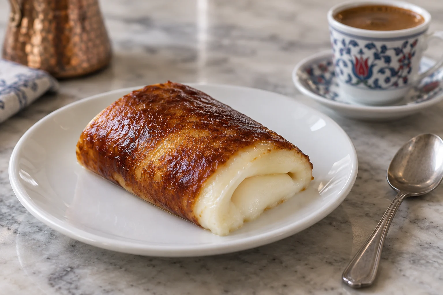 A loosely folded white milk pudding portion with a glossy brown outer surface