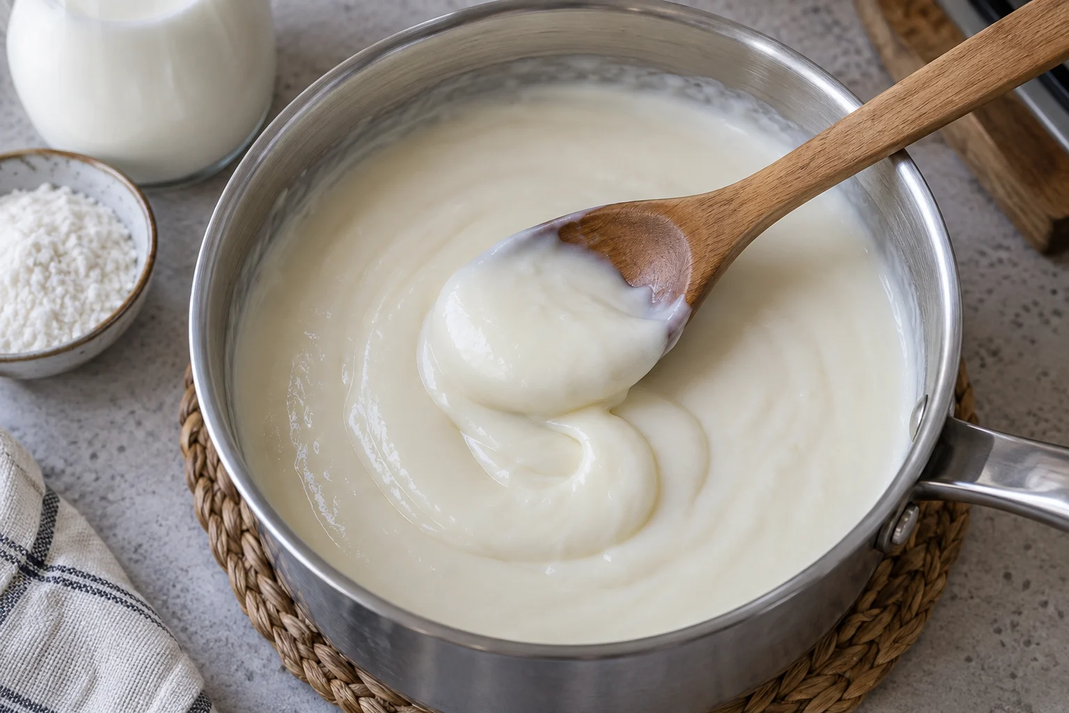 Smooth pale milk pudding in a saucepan with a wooden spoon