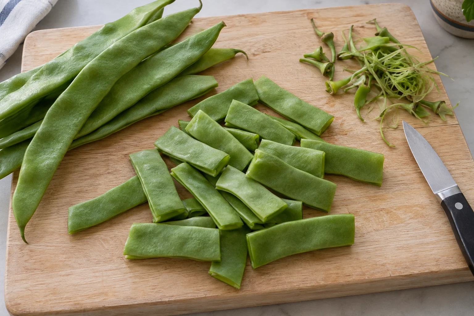 Fresh flat beans and trimmed pieces beside detached tips and side strings