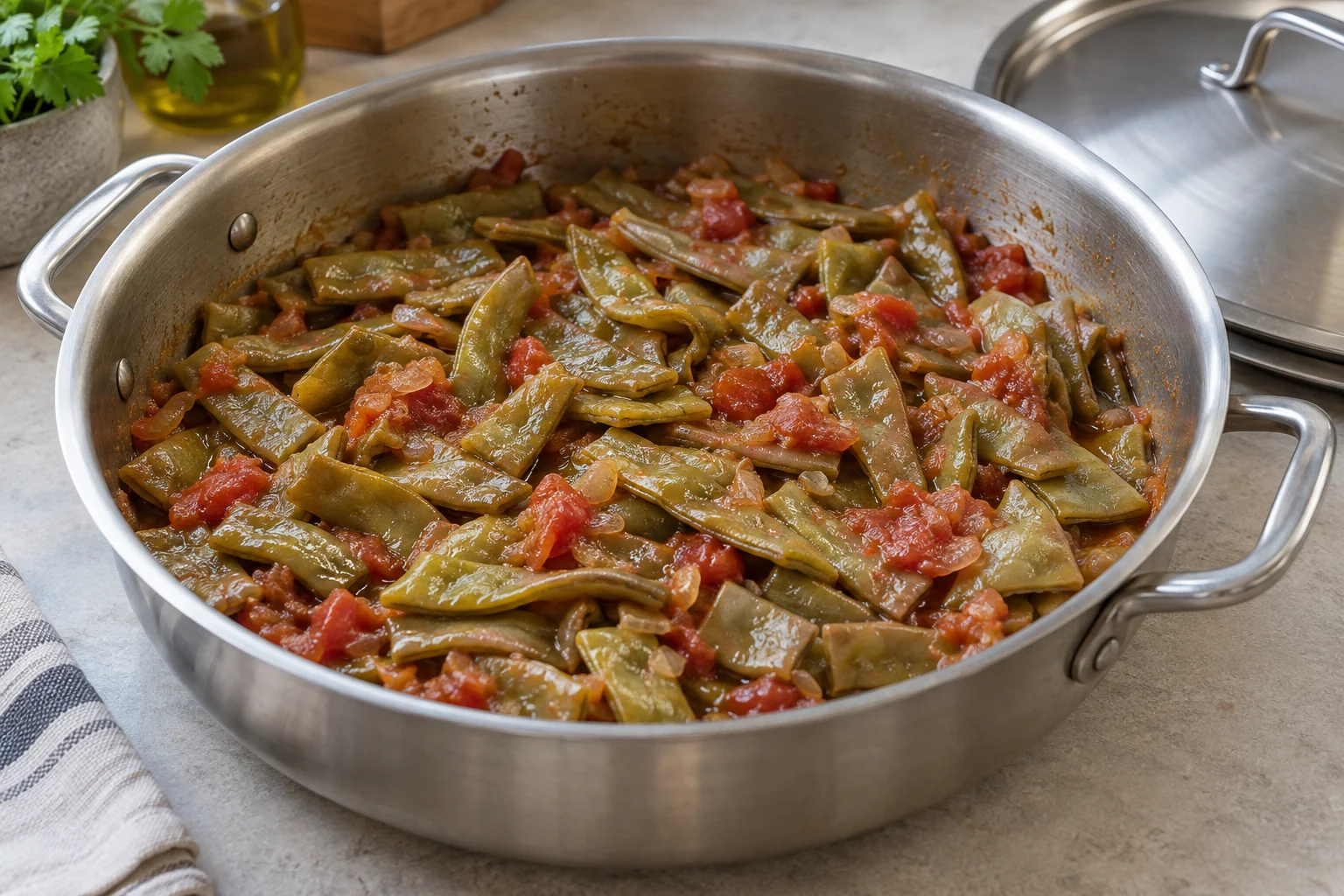 Tender olive-green flat beans and softened tomato in a wide saucepan